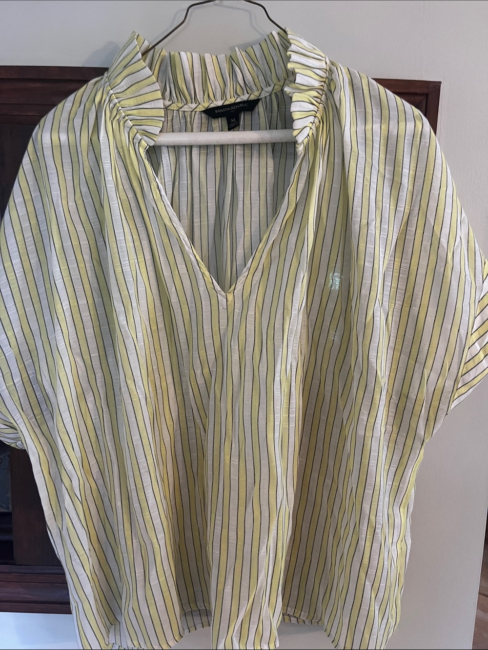 Banana Republic Yellow and White Striped V-Neck Ruffle Collar Top